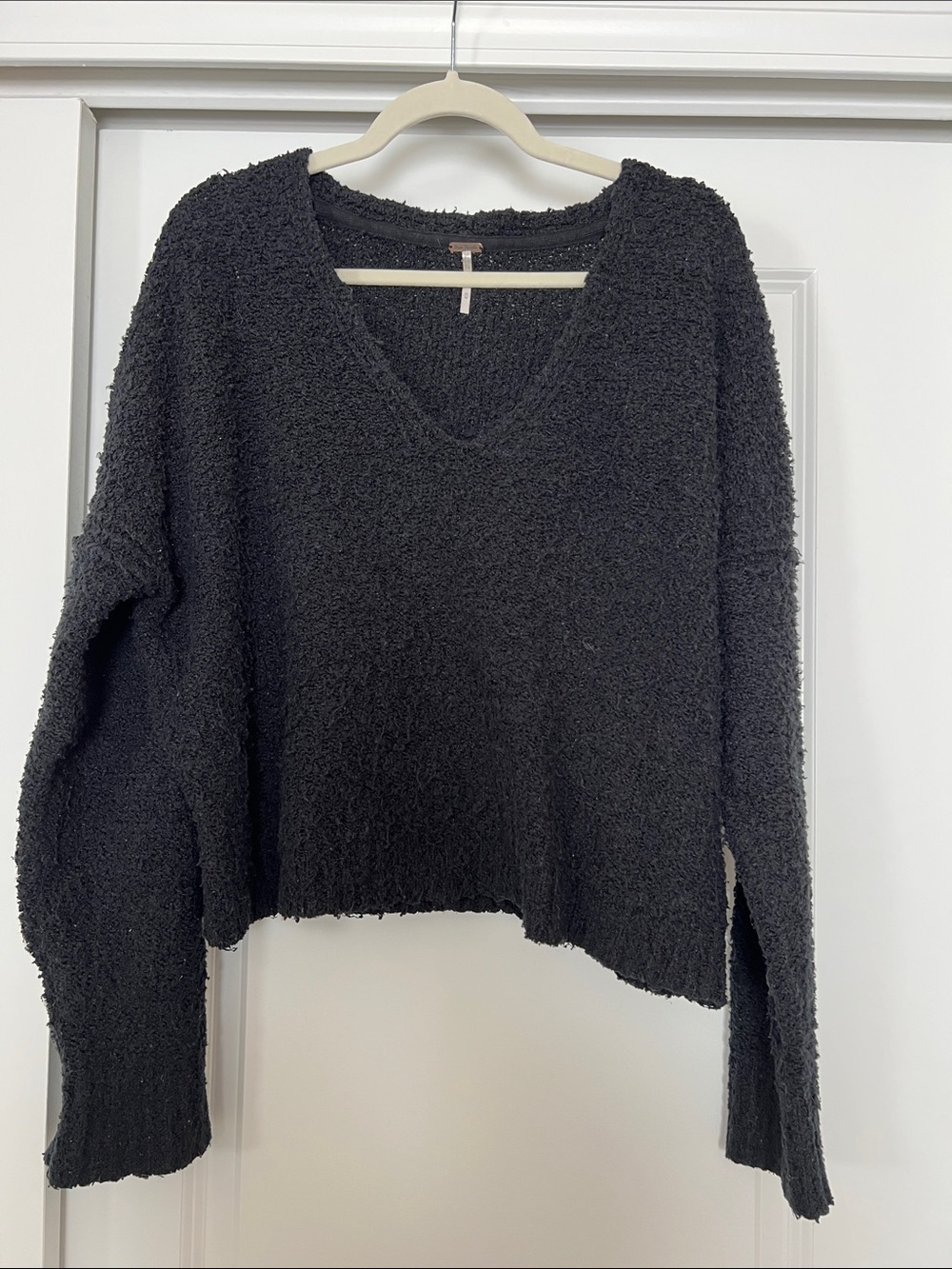 Free People Black Plush V-Neck Sweater Top